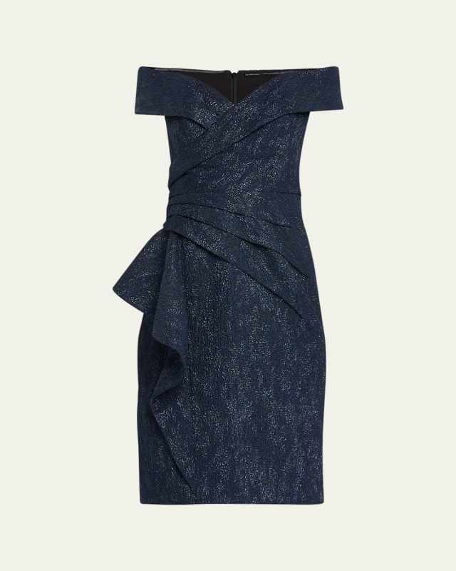 Off-Shoulder Pleated Shimmer Midi Dress